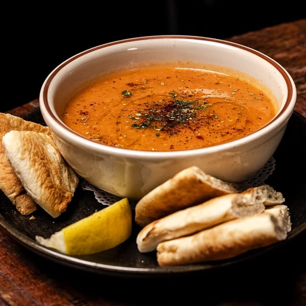 A bowl of orange lentil soup with herbs, pita bread, and a lemon wedge on a wooden table.