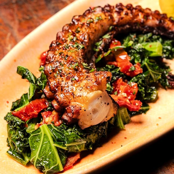 Grilled octopus tentacle with kale and sun-dried tomatoes on a rectangular plate.